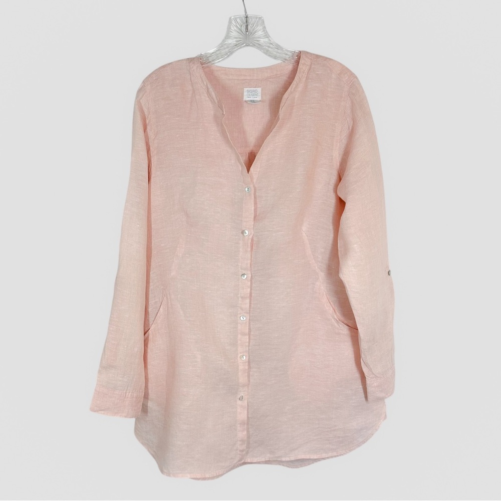 Sigrid Olsen Tunic Size M Pink Linen Button Front Pocket Casual Coastal Grandma